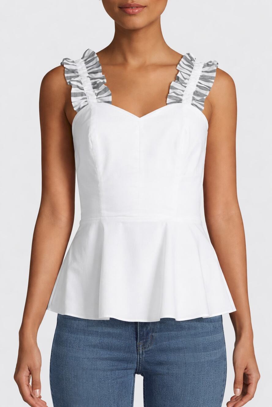NEW Amanda Uprichard Penn Cotton Peplum Top White Ruffle Strap Womens Med